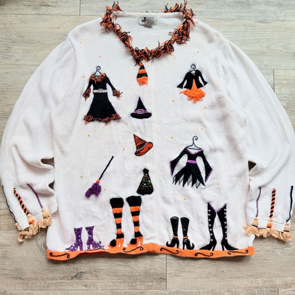 Vintage Halloween Sweater XL York Witch Clothes Boots Broom Fringe 90s J Two New
